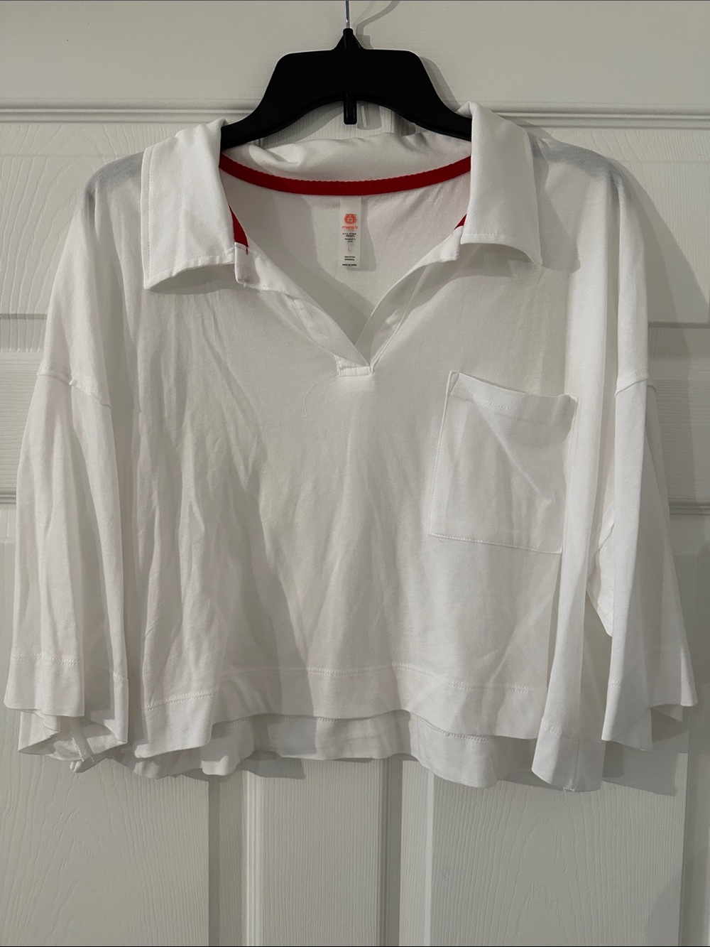 Mono B White Cropped Polo Top with Red Trim
